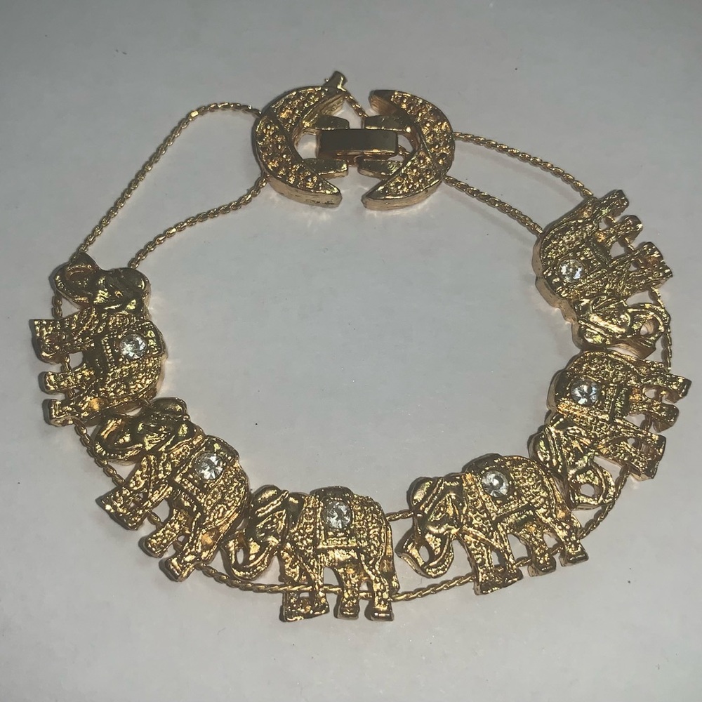 Vintage Elephant Slide Bracelet Gold Tone Crystal Rhinestones Fidget